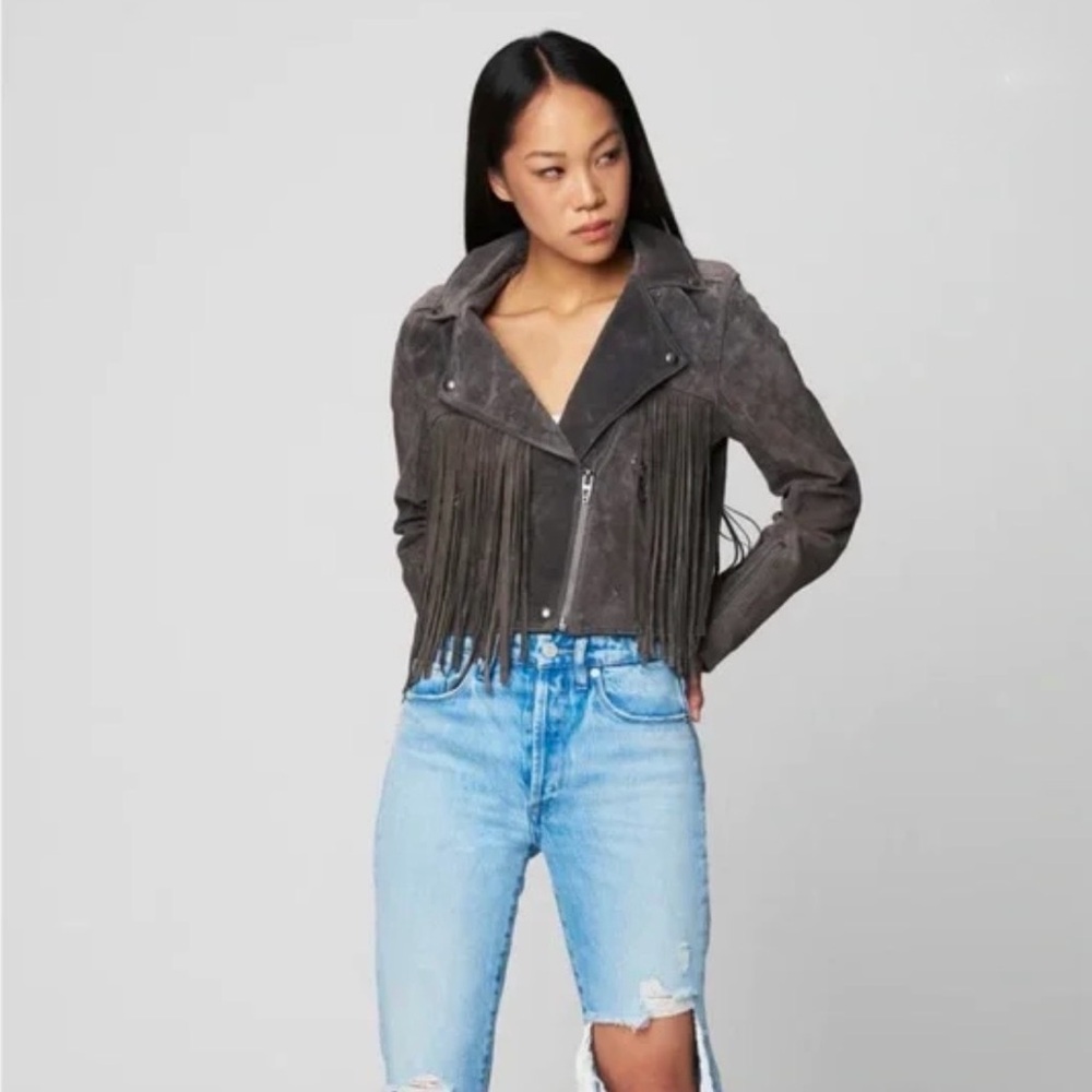 🩶 Blank NYC x Free People Fringe Moto Jacket 100% Real Leather Boho Chic - Picture 6 of 9